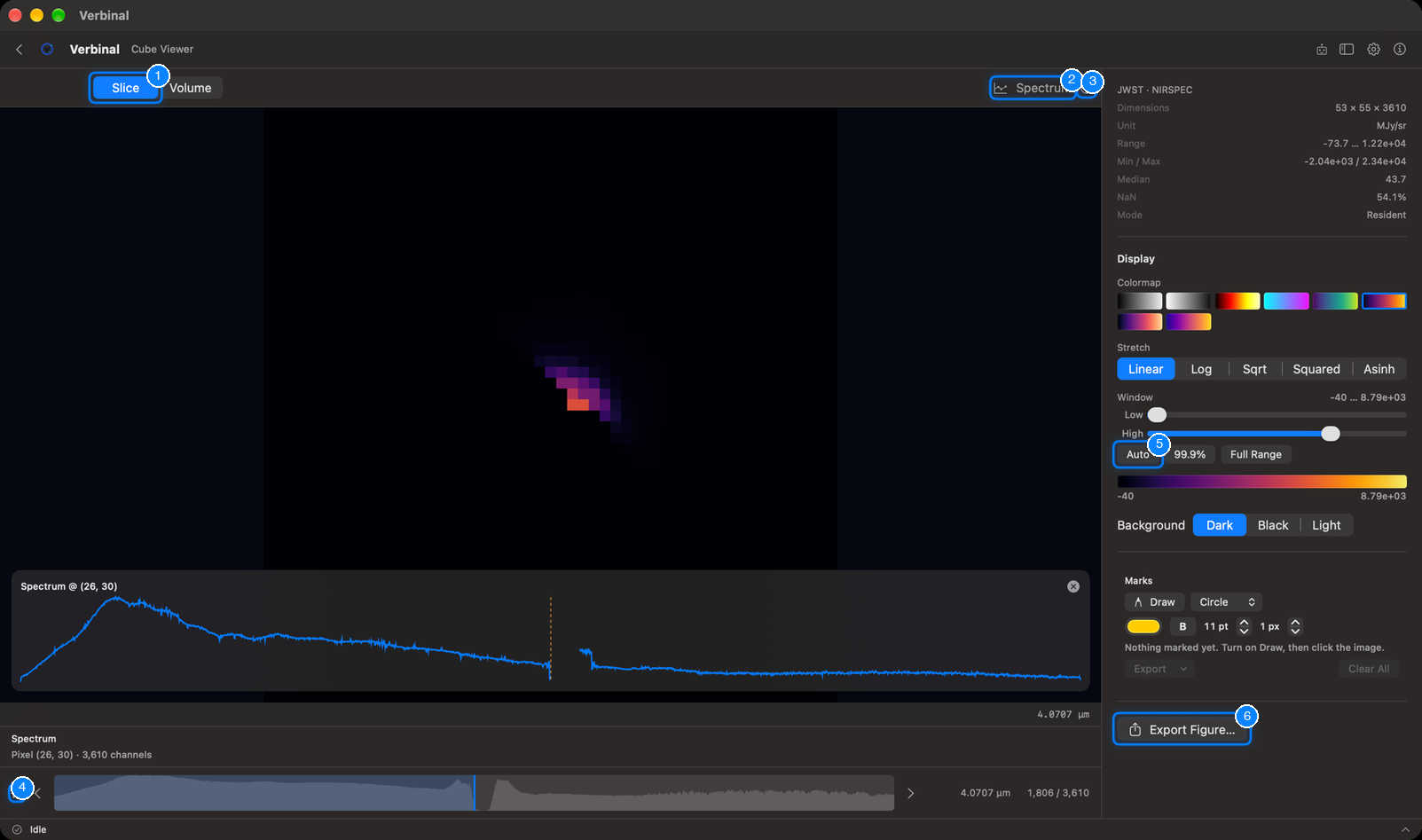 A cube in Slice mode, with the spectrum of one pixel
