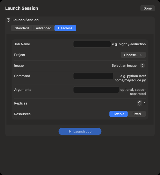 The Headless tab of the launch form