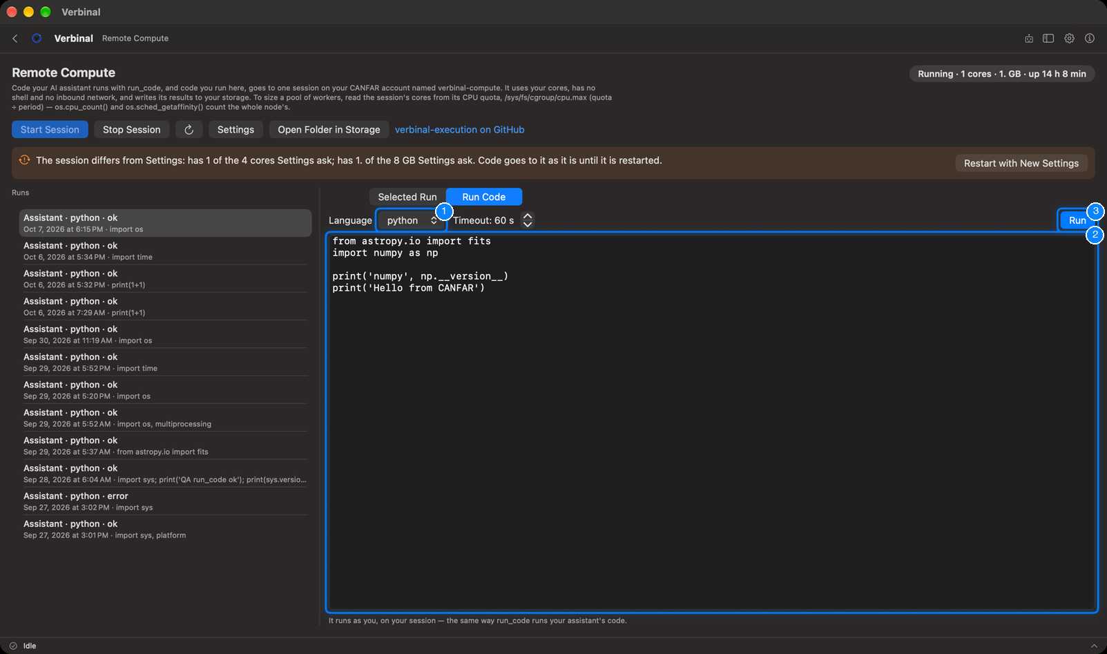 The Run Code tab