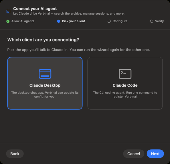 The setup: Allow AI agents, Pick your client, Configure, Verify