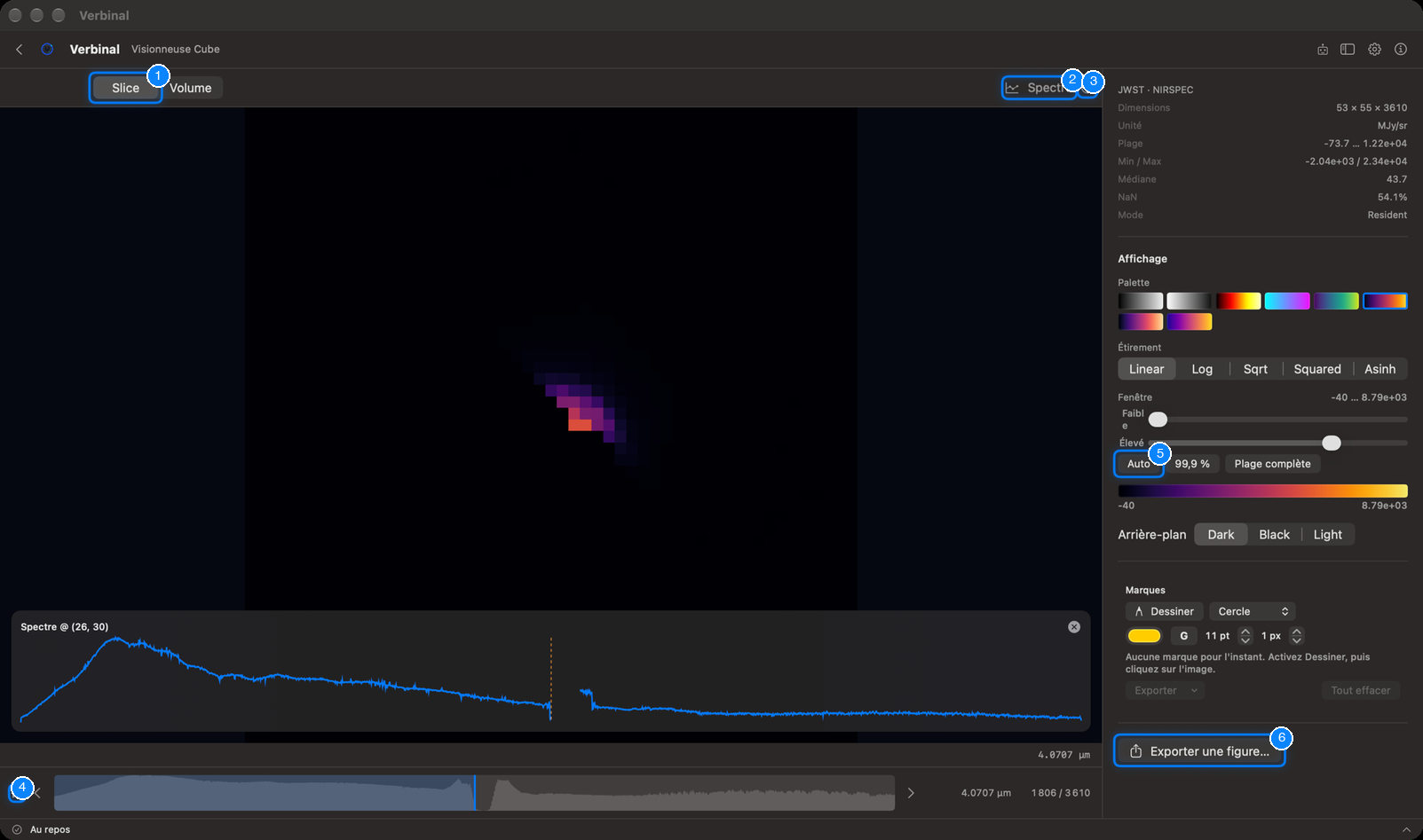 Un cube en mode Slice, avec le spectre d’un pixel