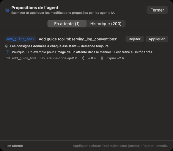 Une modification en attente, avec sa raison